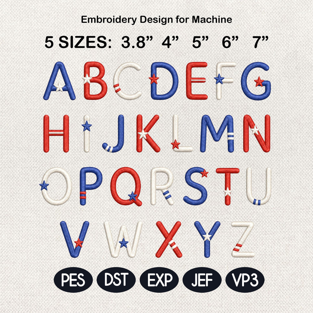 Patriotic Alphabet Embroidery Font, 4th of July Letters Machine Embroidery File, USA Star Monogram Design, 5 Sizes, Digital Download
