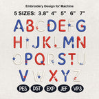 Patriotic Alphabet Embroidery Font, 4th of July Letters Machine Embroidery File, USA Star Monogram Design, 5 Sizes, Digital Download