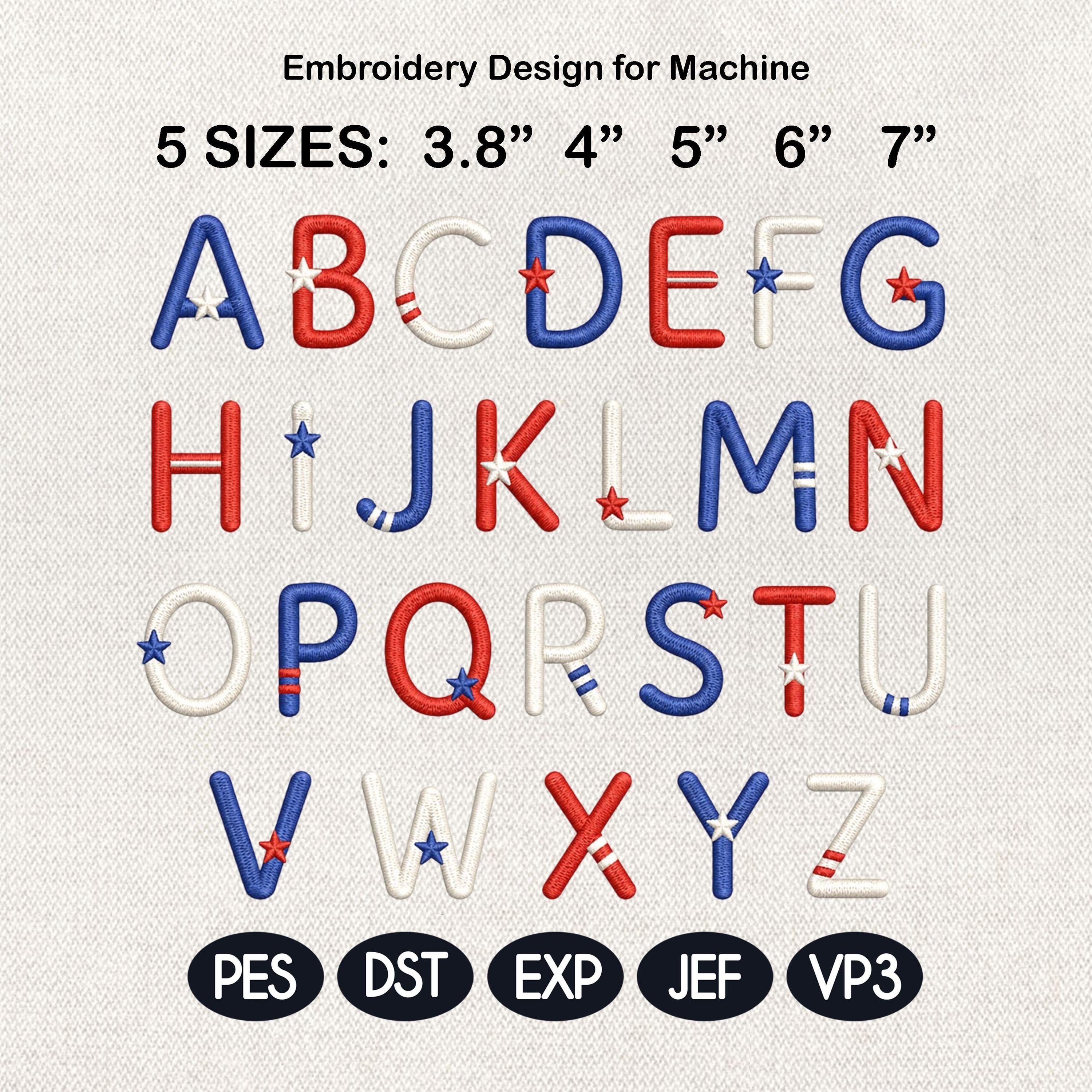 Patriotic Alphabet Embroidery Font, 4th of July Letters Machine Embroidery File, USA Star Monogram Design, 5 Sizes, Digital Download