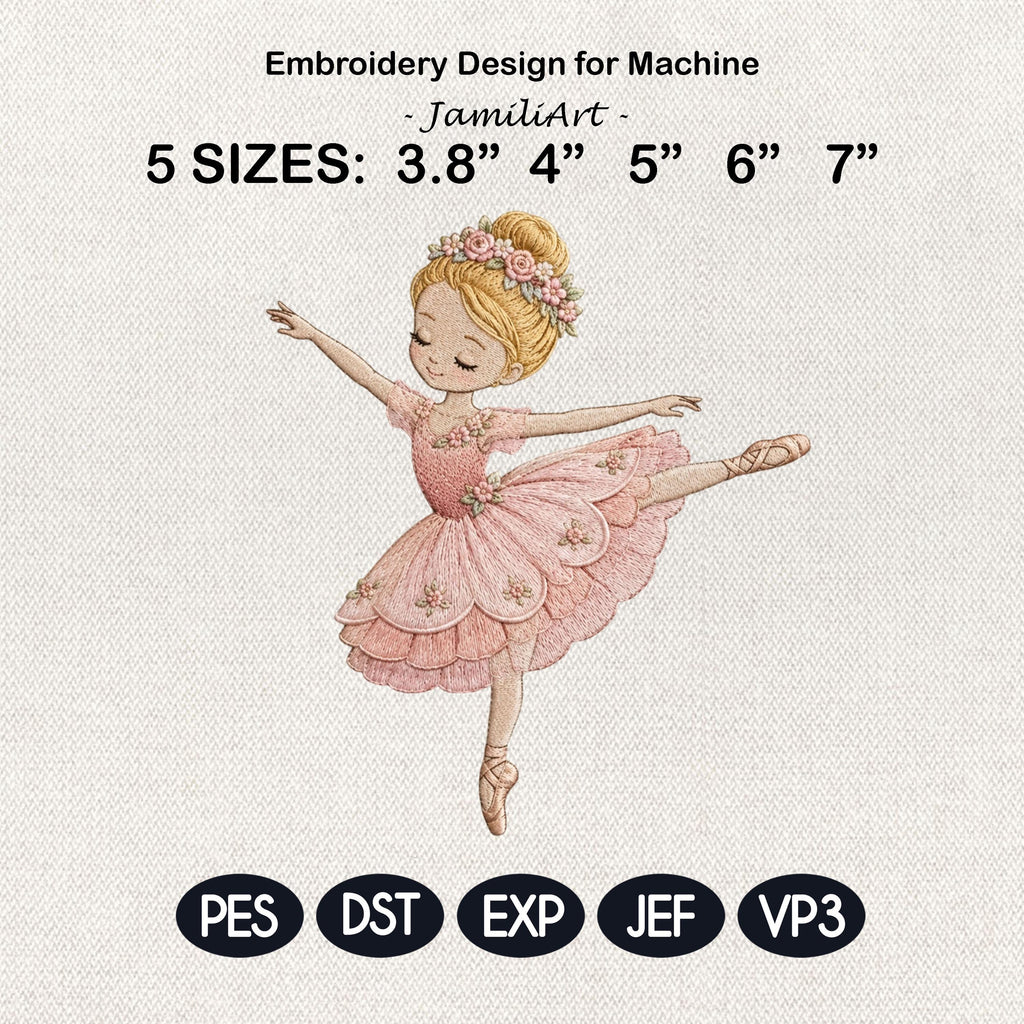 Pink Ballerina Embroidery Design, Floral Ballet Girl Machine Embroidery Pattern, Dance Princess Artwork, 5 sizes, Digital Download