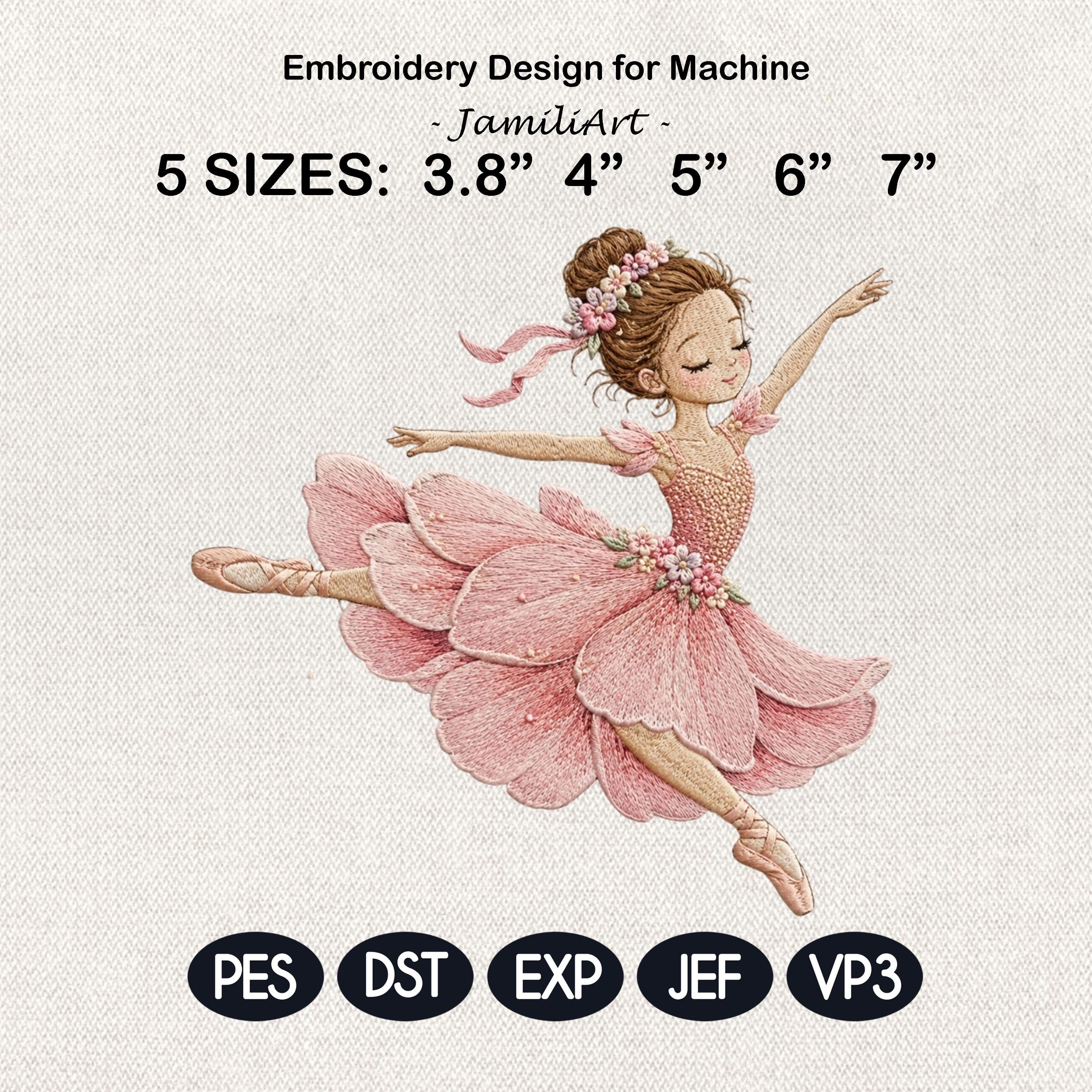 Floral Ballet Dancer Embroidery Design, Pink Ballerina Princess Dance Machine Embroidery Pattern, 5 sizes, Digital Download