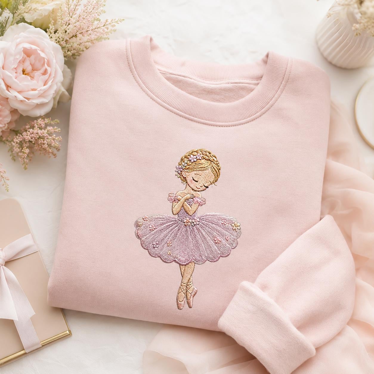 Cute Ballerina Girl Embroidery Design, Pink Tutu Ballet Dancer With Flowers Machine Pattern, 5 sizes, Digital Download - image 4