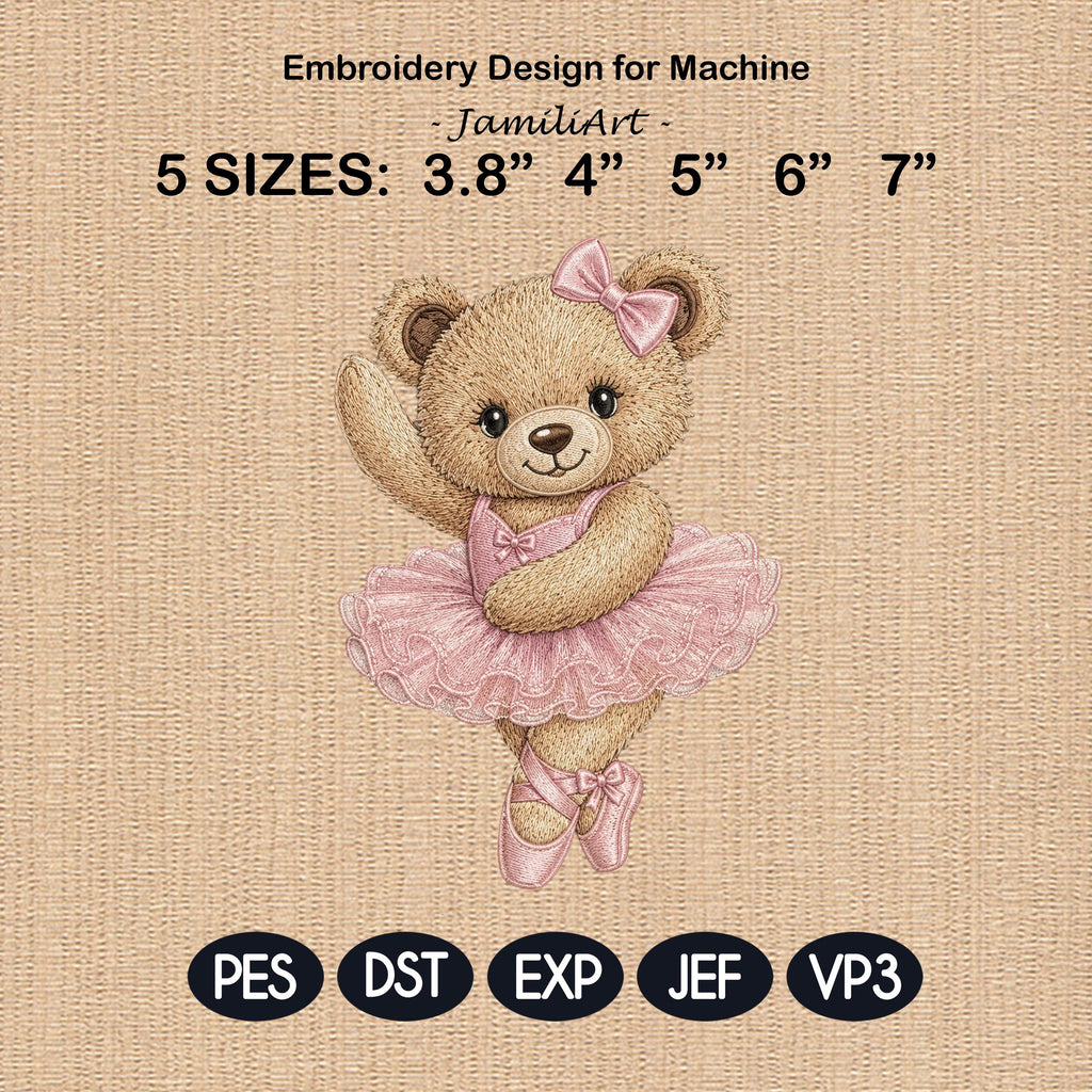 Ballerina Teddy Bear Embroidery Design, Pink Tutu Bear Machine Embroidery File, Baby Girl Nursery PES DST EXP, 5 sizes, Digital Download