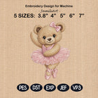 Ballerina Teddy Bear Embroidery Design, Pink Tutu Bear Machine Embroidery File, Baby Girl Nursery PES DST EXP, 5 sizes, Digital Download