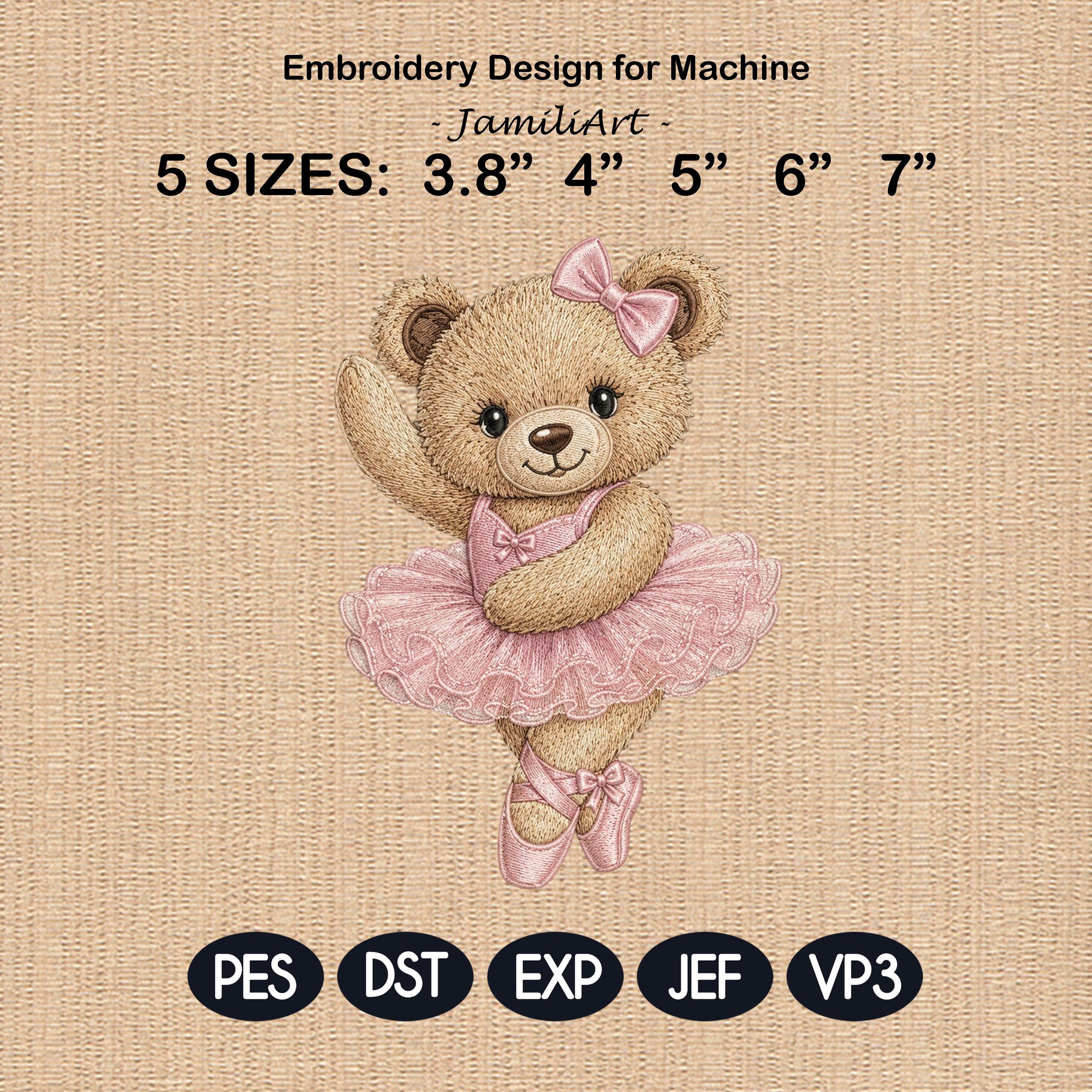 Ballerina Teddy Bear Embroidery Design, Pink Tutu Bear Machine Embroidery File, Baby Girl Nursery PES DST EXP, 5 sizes, Digital Download