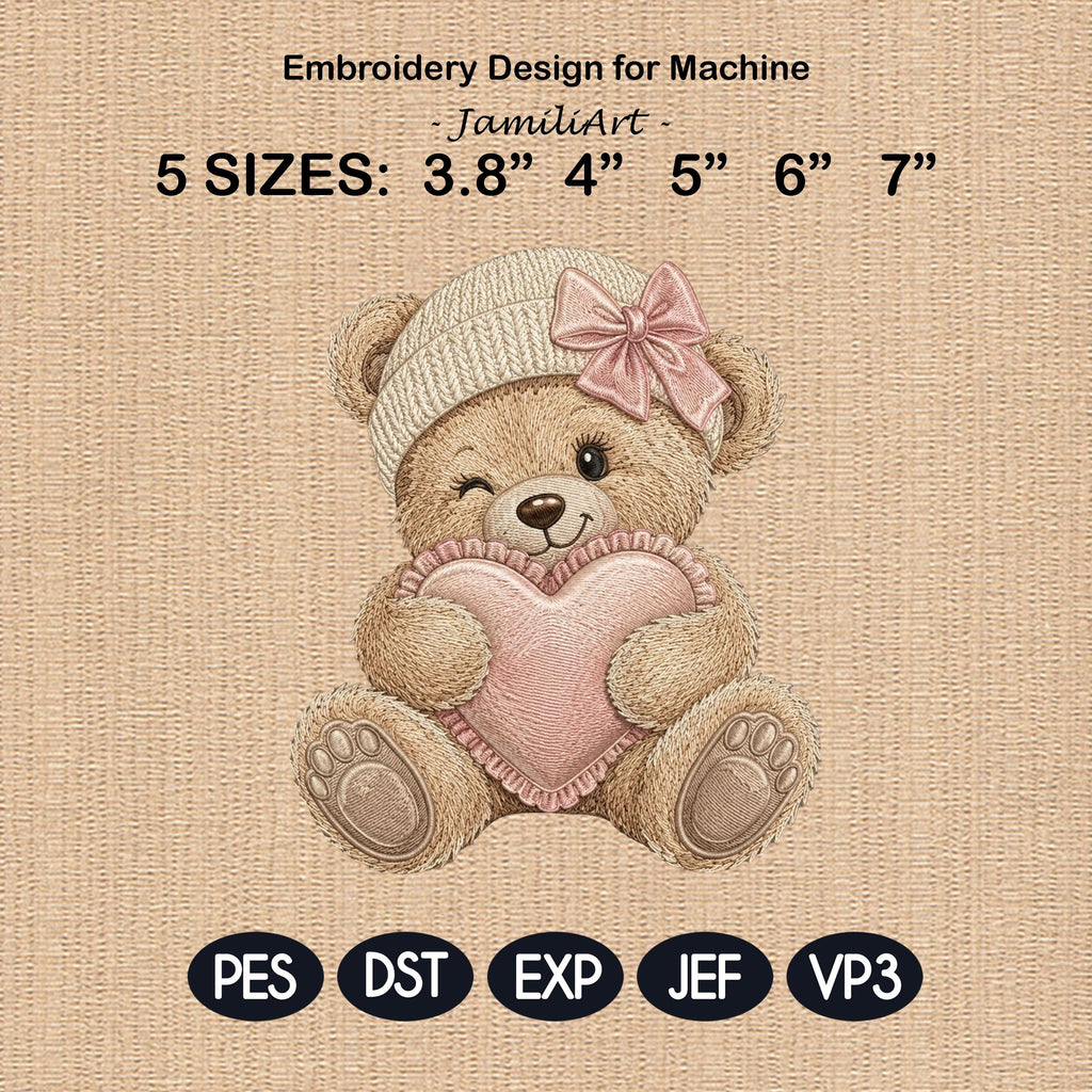 Teddy Bear Heart Embroidery Design, Pink Bow Bear Machine Embroidery File, Valentine Nursery PES DST EXP, 5 sizes, Digital Download