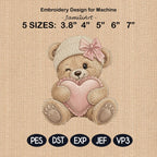 Teddy Bear Heart Embroidery Design, Pink Bow Bear Machine Embroidery File, Valentine Nursery PES DST EXP, 5 sizes, Digital Download