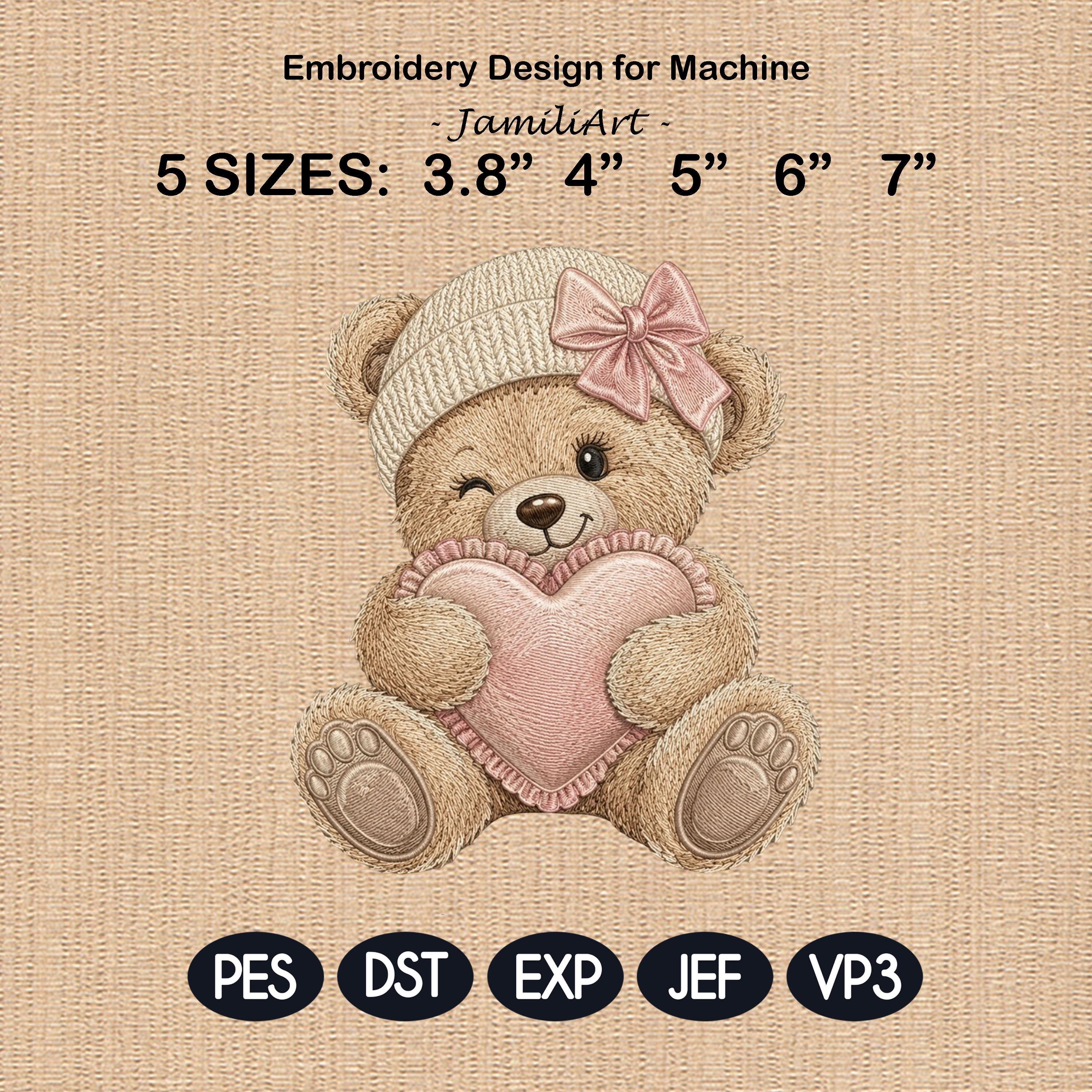 Teddy Bear Heart Embroidery Design, Pink Bow Bear Machine Embroidery File, Valentine Nursery PES DST EXP, 5 sizes, Digital Download