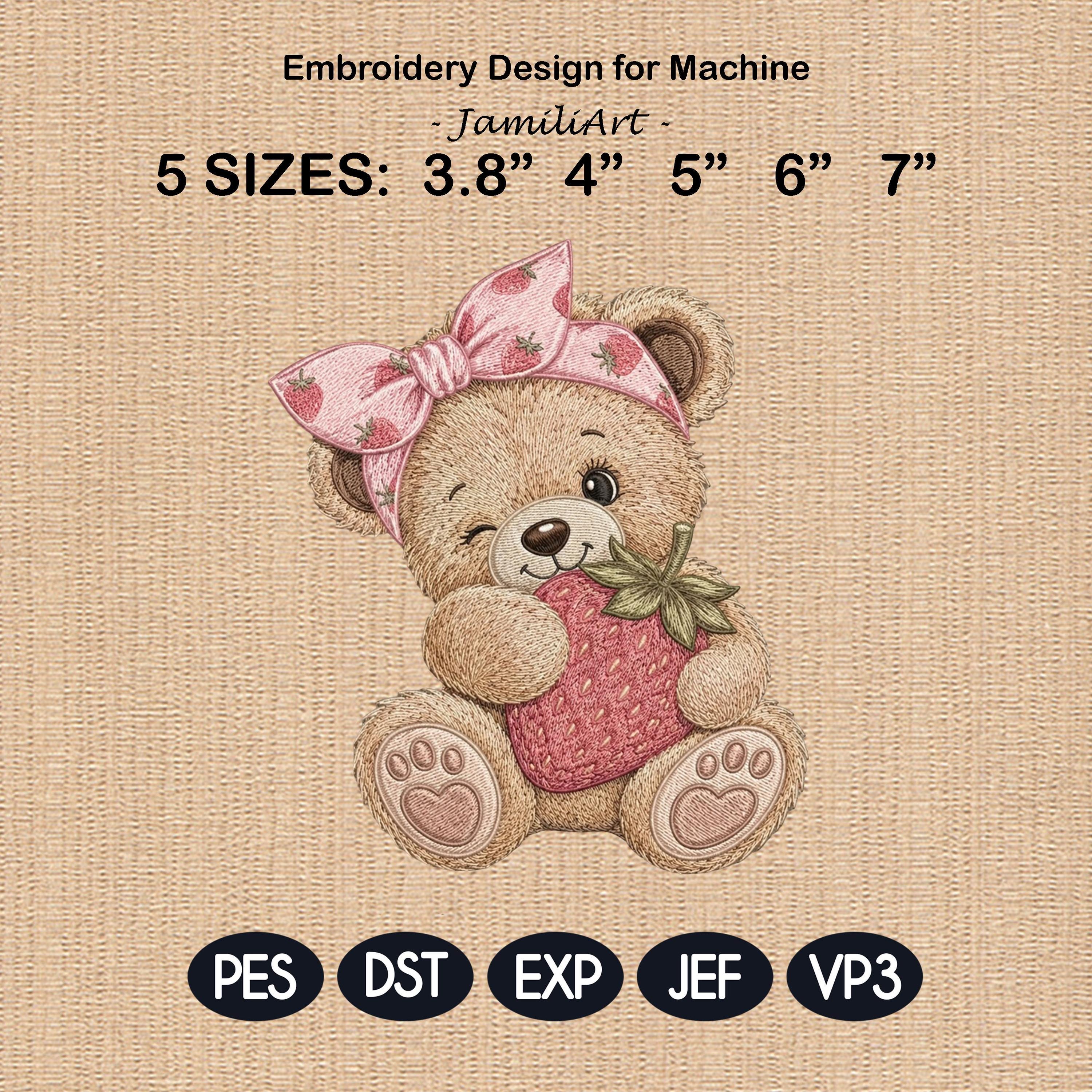 Strawberry Teddy Bear Embroidery Design, Cute Bear With Berry Machine Embroidery File, Baby Girl PES DST EXP, 5 sizes, Digital Download
