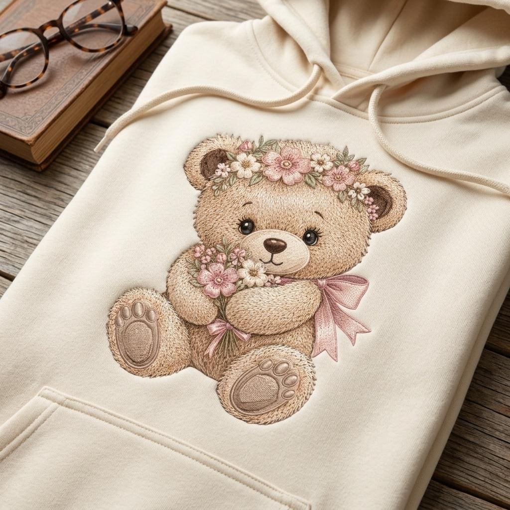 Floral Teddy Bear Embroidery Design, Bear With Flower Bouquet Machine Embroidery File, Baby Girl PES DST EXP, 5 sizes, Digital Download - image 3