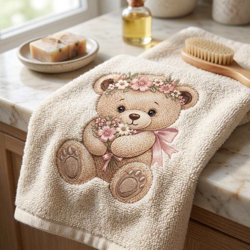 Floral Teddy Bear Embroidery Design, Bear With Flower Bouquet Machine Embroidery File, Baby Girl PES DST EXP, 5 sizes, Digital Download - image 5