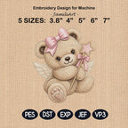 Fairy Teddy Bear Embroidery Design, Pink Bow Angel Bear Machine Embroidery File, Baby Girl PES DST EXP, 5 sizes, Digital Download