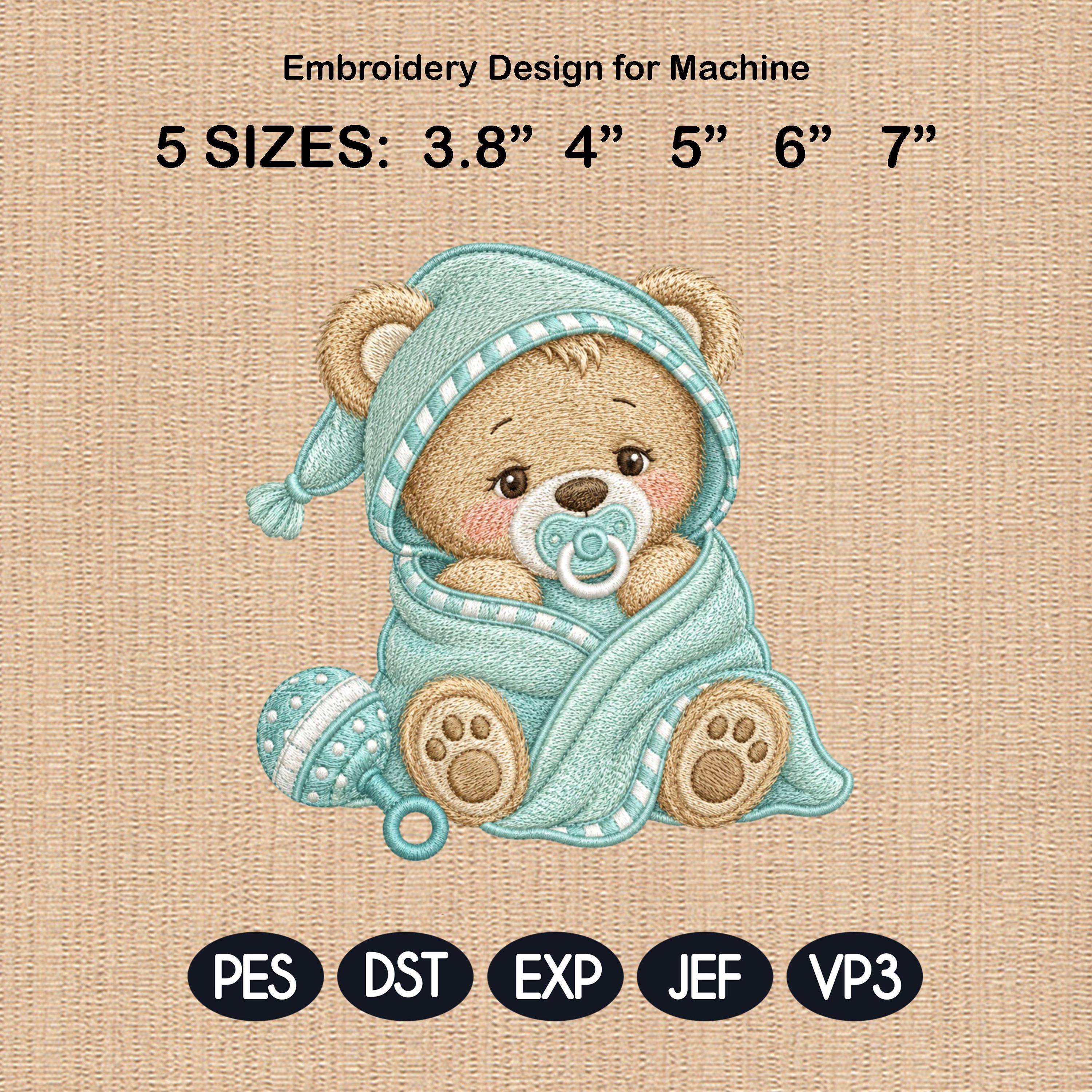 Baby Bear Swaddle Embroidery Design, Newborn Teddy Machine Embroidery File, Nursery Blanket Pattern, 5 sizes, Digital Download