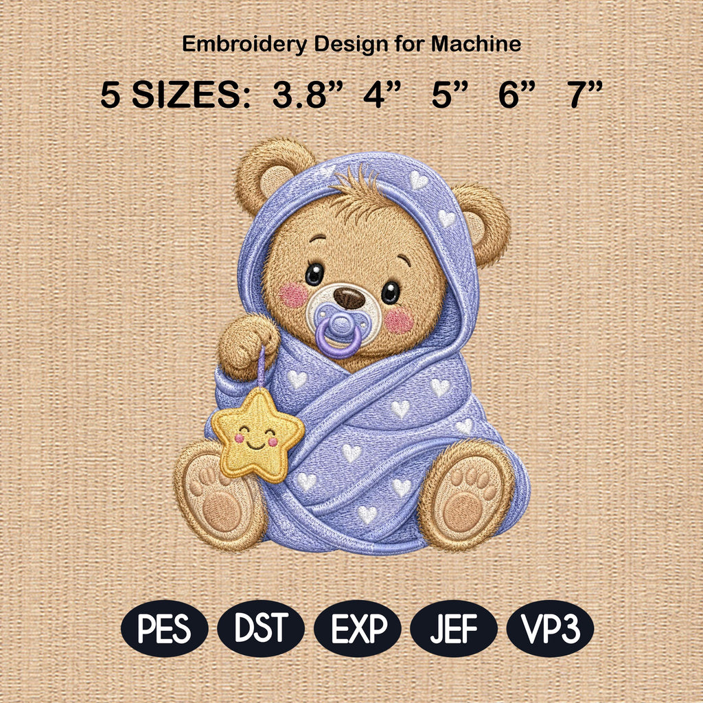 Teddy Bear Moon Blanket Embroidery Design, Baby Bear Machine Embroidery File, Nursery Stitch Pattern, 5 sizes, Digital Download