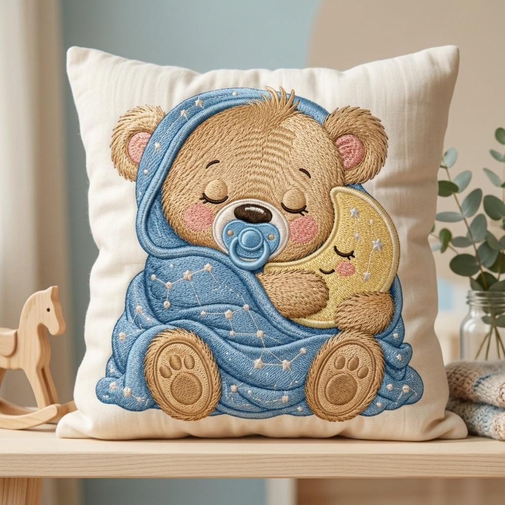 Sleeping Baby Bear Embroidery Design, Teddy Bear Moon Machine Embroidery File, Nursery Blanket Pattern, 5 sizes, Digital Download - image 7