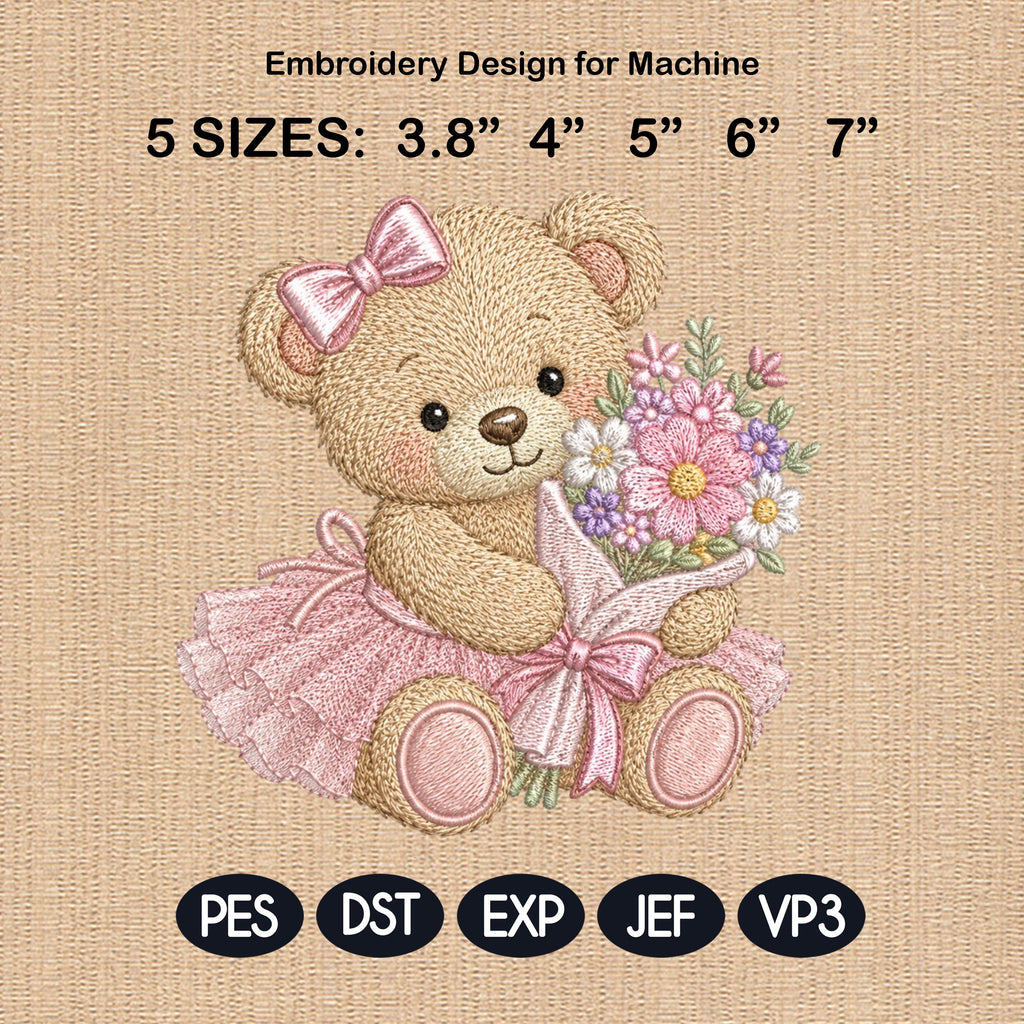 Teddy Bear Flower Bouquet Embroidery Design, Cute Pink Baby Girl Machine Embroidery File, Nursery Pattern, 5 sizes, Digital Download