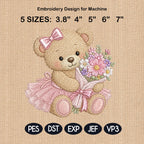Teddy Bear Flower Bouquet Embroidery Design, Cute Pink Baby Girl Machine Embroidery File, Nursery Pattern, 5 sizes, Digital Download