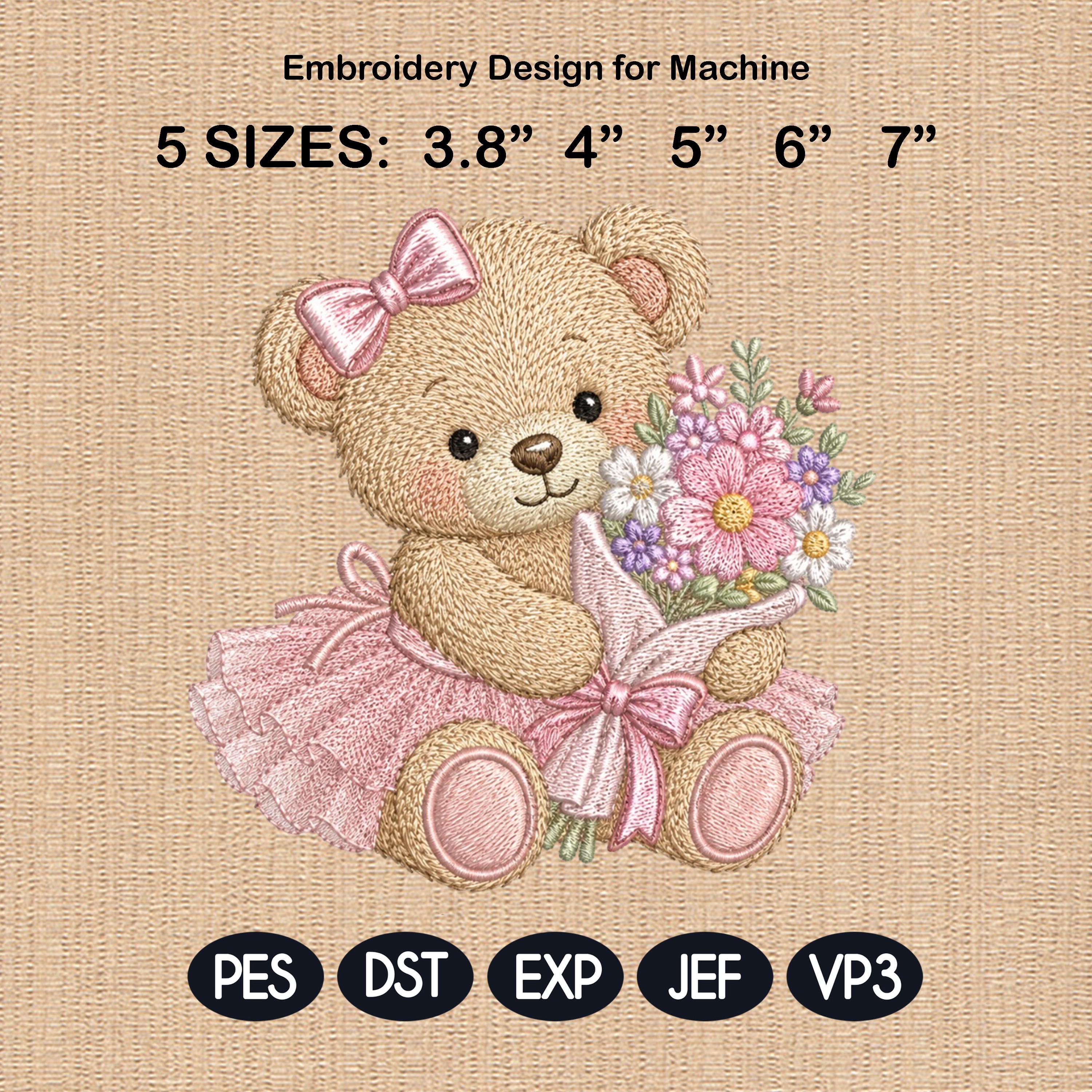 Teddy Bear Flower Bouquet Embroidery Design, Cute Pink Baby Girl Machine Embroidery File, Nursery Pattern, 5 sizes, Digital Download