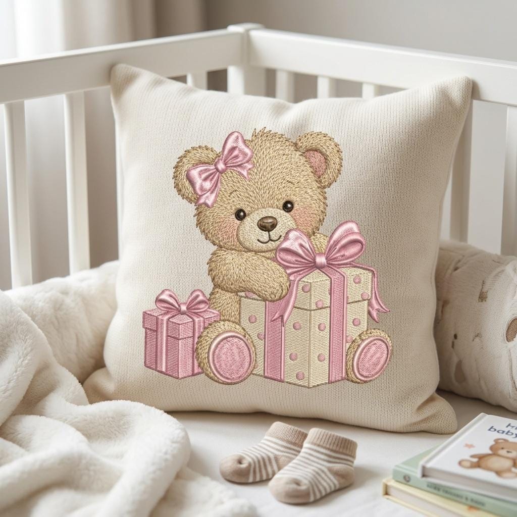 Teddy Bear Gift Box Embroidery Design, Cute Birthday Bear Machine Embroidery File, Baby Girl Pattern, 5 sizes, Digital Download - image 6