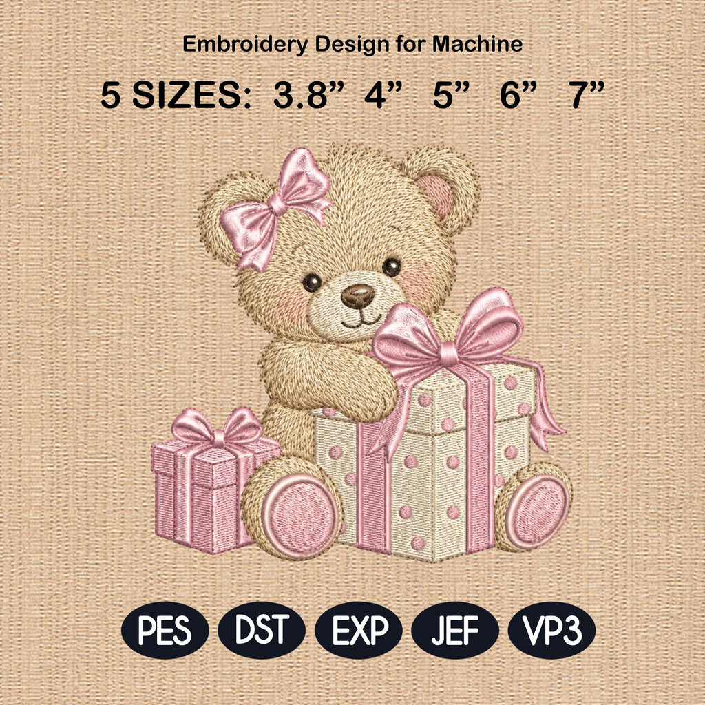 Teddy Bear Gift Box Embroidery Design, Cute Birthday Bear Machine Embroidery File, Baby Girl Pattern, 5 sizes, Digital Download