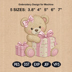 Teddy Bear Gift Box Embroidery Design, Cute Birthday Bear Machine Embroidery File, Baby Girl Pattern, 5 sizes, Digital Download