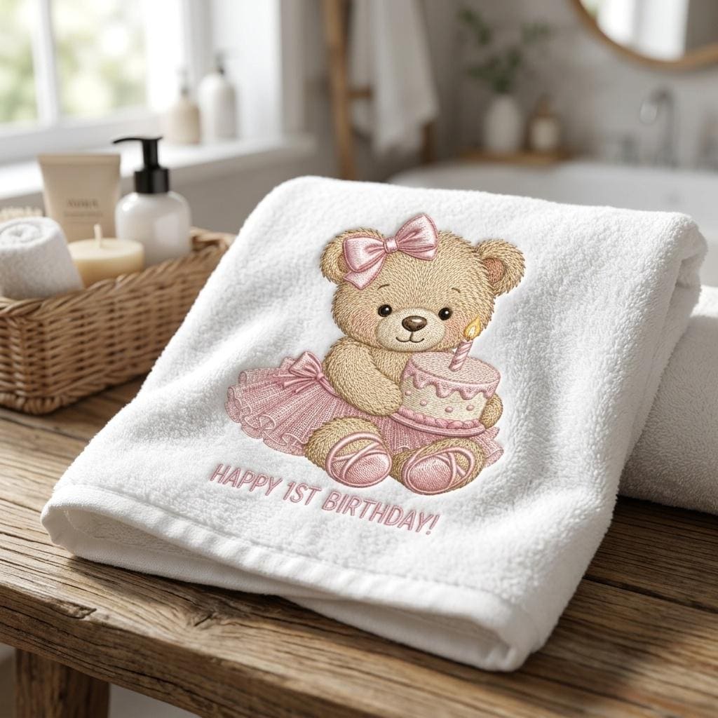 Birthday Teddy Bear Embroidery Design, Pink Cake Bear Machine Embroidery File, Baby Girl Nursery Stitch, 5 sizes, Digital Download - image 6