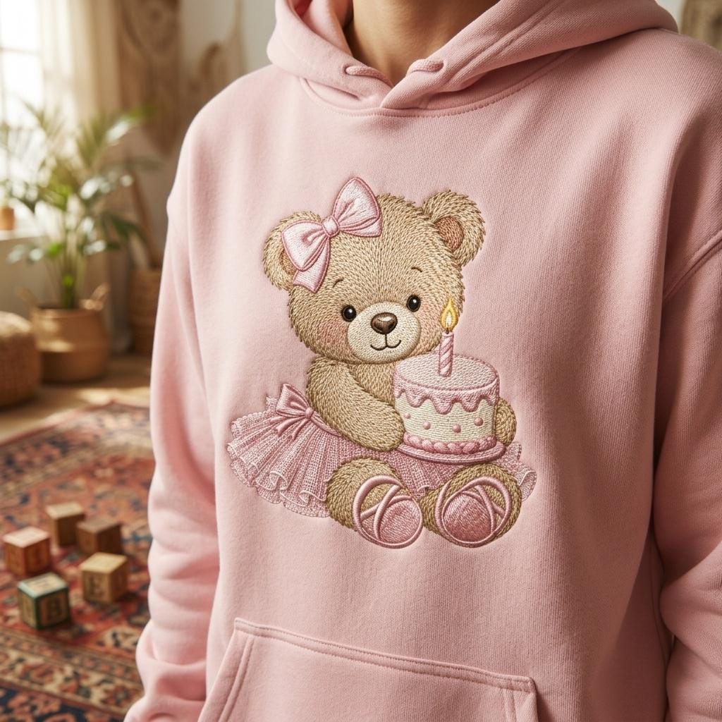 Birthday Teddy Bear Embroidery Design, Pink Cake Bear Machine Embroidery File, Baby Girl Nursery Stitch, 5 sizes, Digital Download - image 3