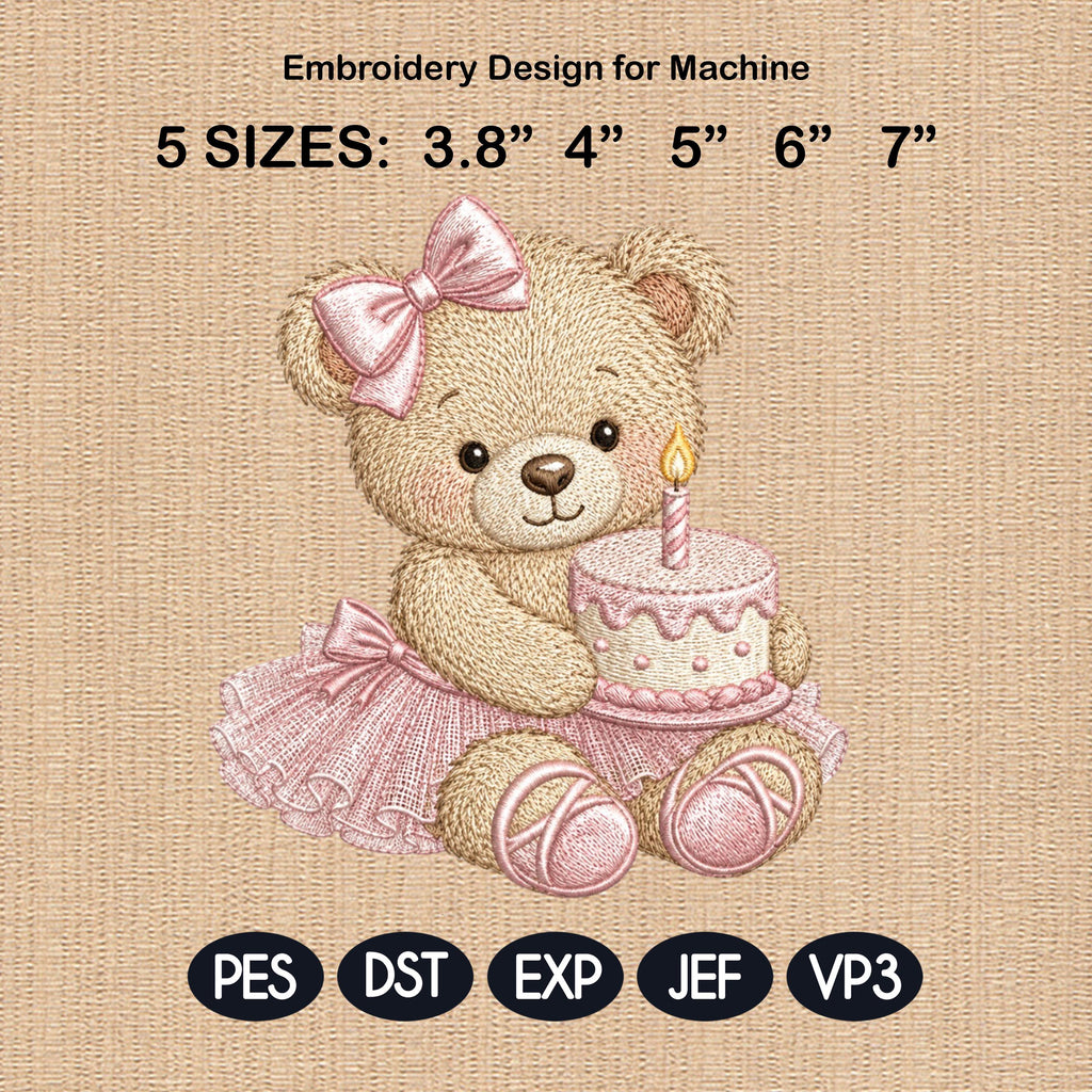 Birthday Teddy Bear Embroidery Design, Pink Cake Bear Machine Embroidery File, Baby Girl Nursery Stitch, 5 sizes, Digital Download