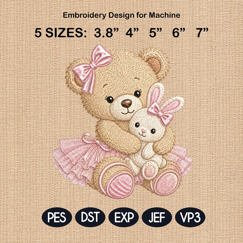 Teddy Bear Bunny Hug Embroidery Design, Cute Baby Girl Machine Embroidery File, Nursery Bear Pattern, 5 sizes, Digital Download