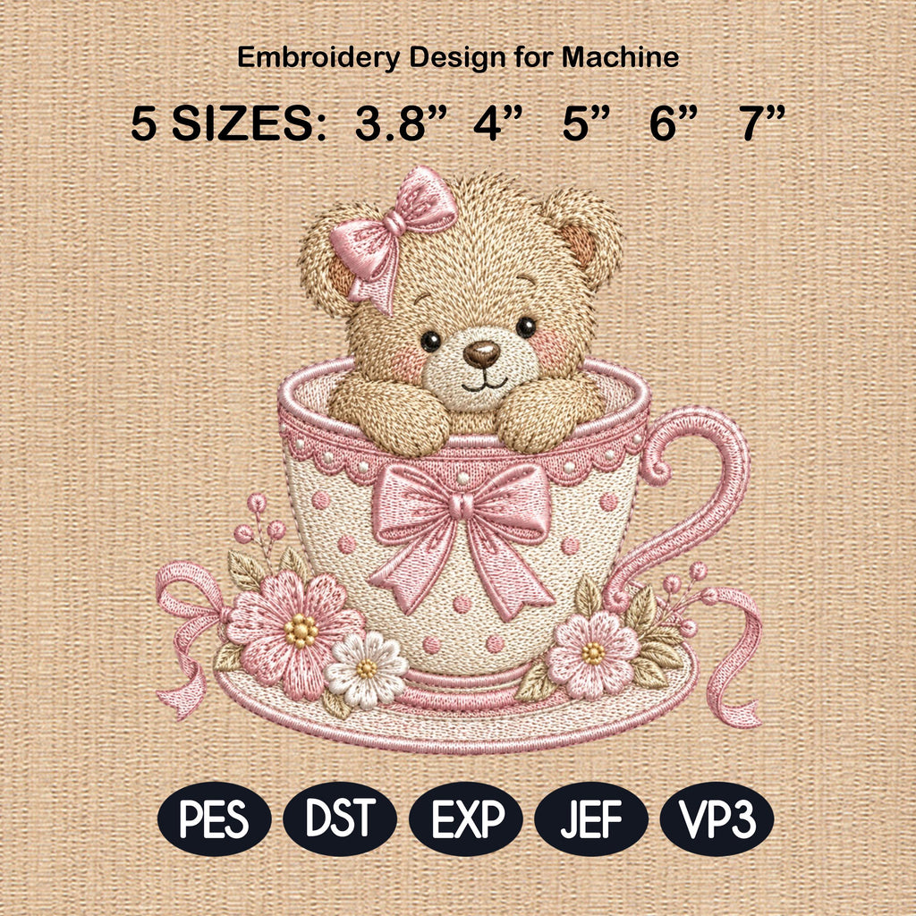 Teddy Bear Teacup Embroidery Design, Cute Pink Tea Cup Bear Machine Embroidery File, Baby Girl Nursery, 5 sizes, Digital Download