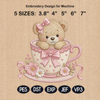 Teddy Bear Teacup Embroidery Design, Cute Pink Tea Cup Bear Machine Embroidery File, Baby Girl Nursery, 5 sizes, Digital Download