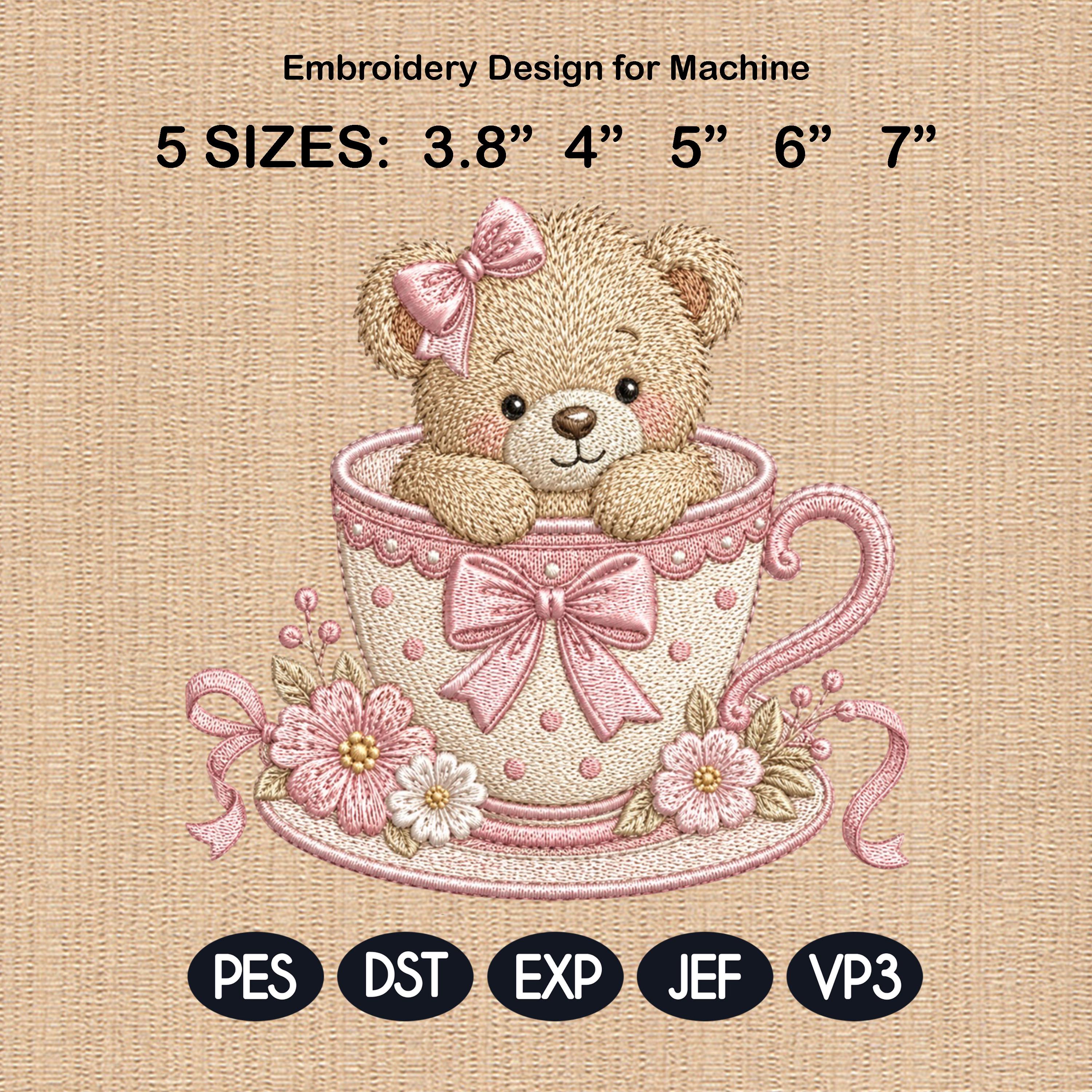 Teddy Bear Teacup Embroidery Design, Cute Pink Tea Cup Bear Machine Embroidery File, Baby Girl Nursery, 5 sizes, Digital Download