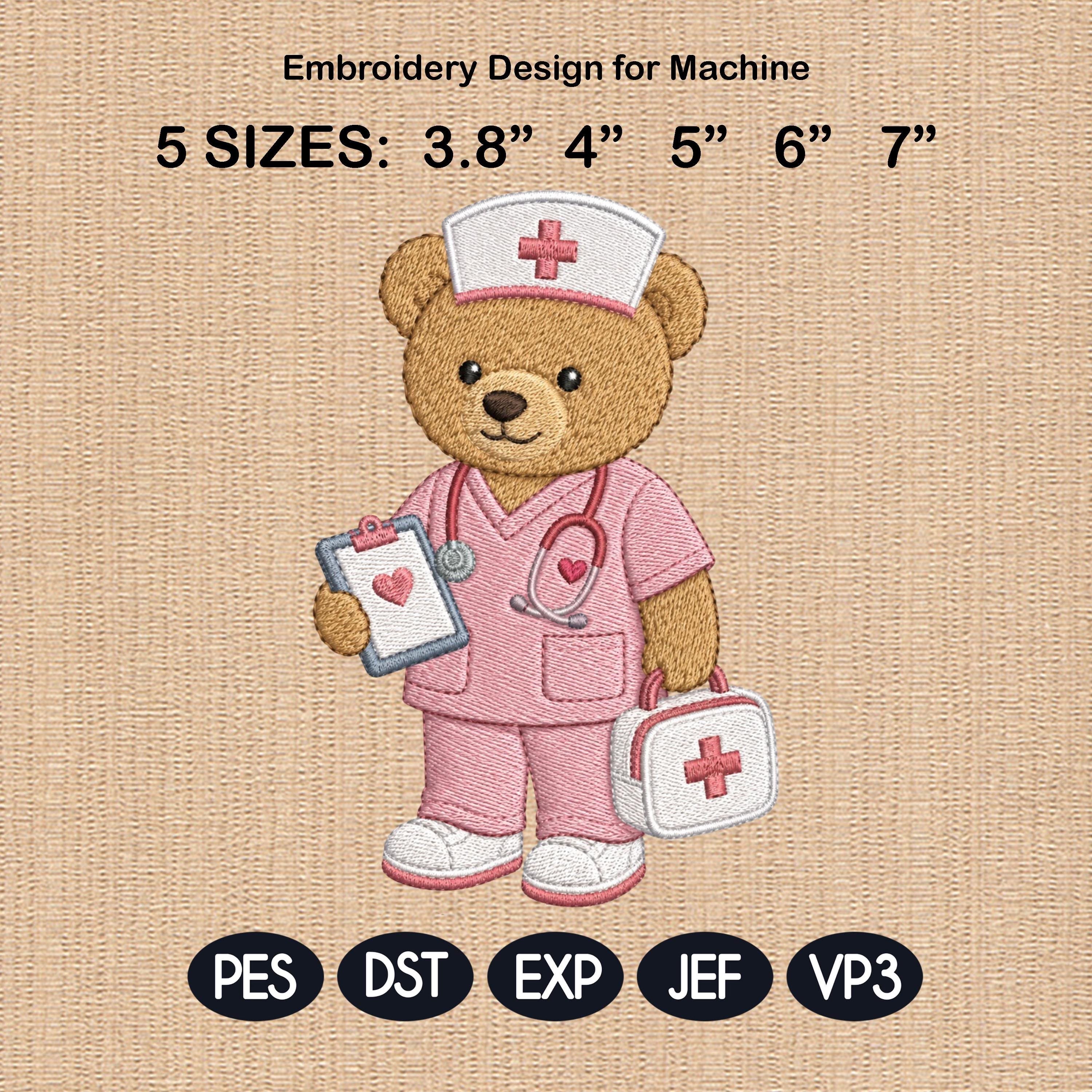 Nurse Teddy Bear Embroidery Design, Medical Bear Machine File, Healthcare Job Embroidery Pattern, 5 sizes, Digital Download