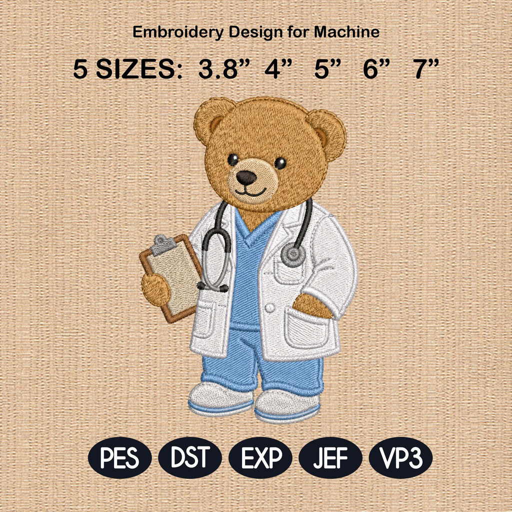 Doctor Teddy Bear Embroidery Design, Medical Coat Bear Machine File, Healthcare Job Pattern, 5 sizes, Digital Download