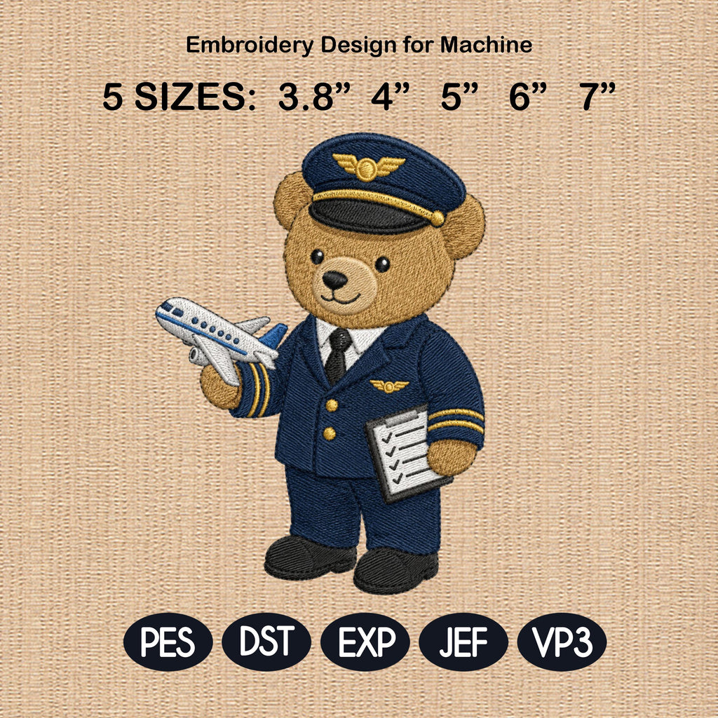 Pilot Teddy Bear Embroidery Design, Airplane Bear Machine File, Aviation Career Nursery Pattern, 5 sizes, Digital Download