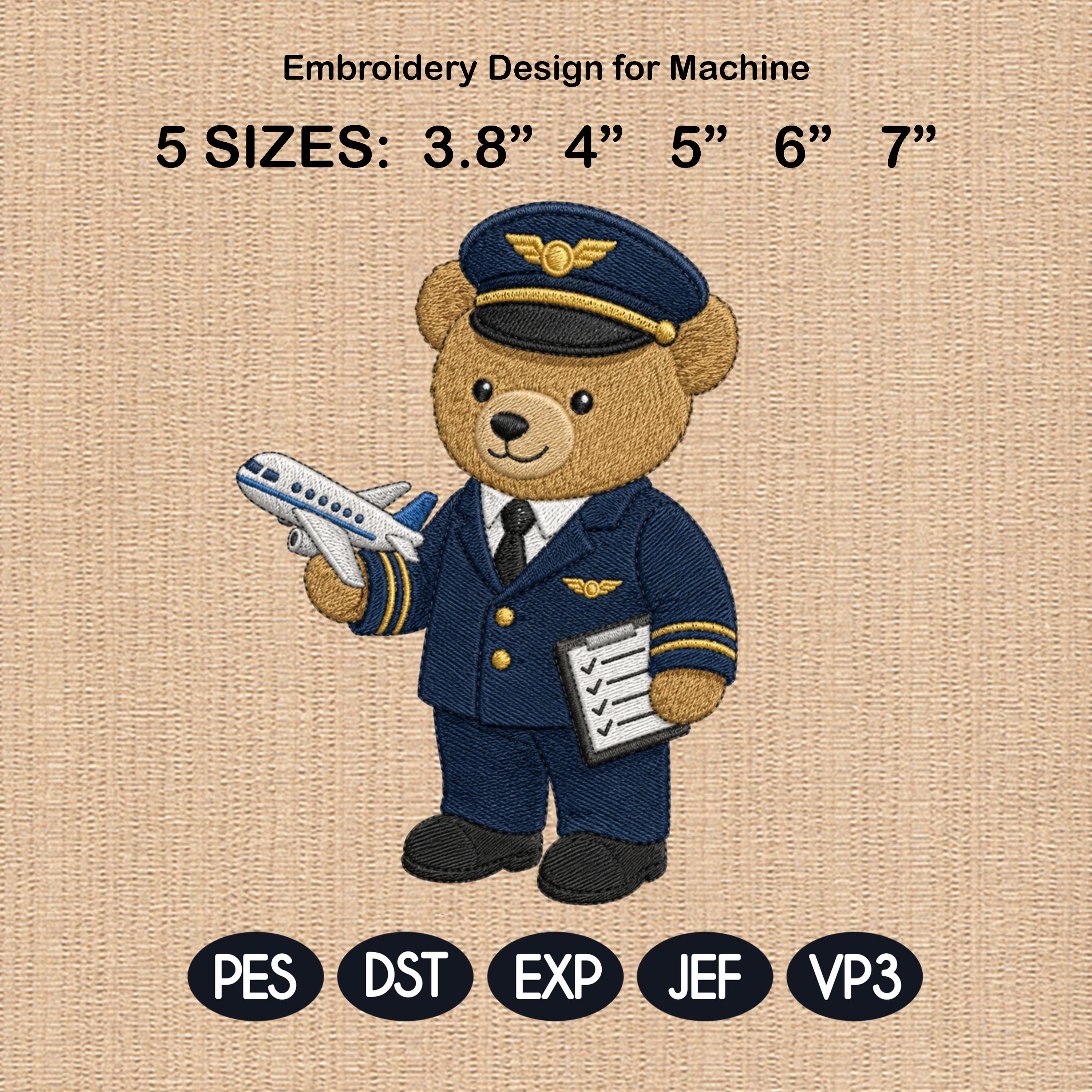 Pilot Teddy Bear Embroidery Design, Airplane Bear Machine File, Aviation Career Nursery Pattern, 5 sizes, Digital Download