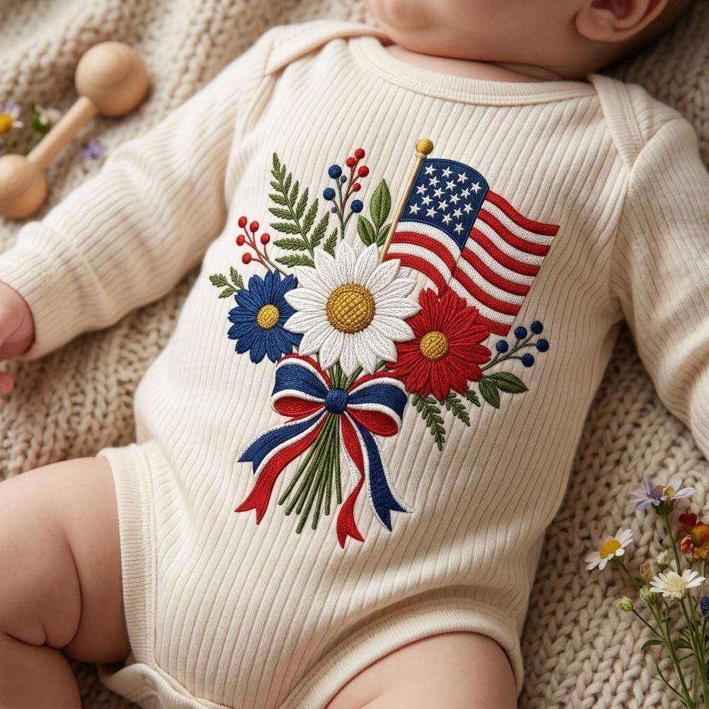 American Flag Floral Bouquet Embroidery Design, Patriotic Flower Bow Machine File, Summer Pattern, 5 sizes, Digital Download - image 4