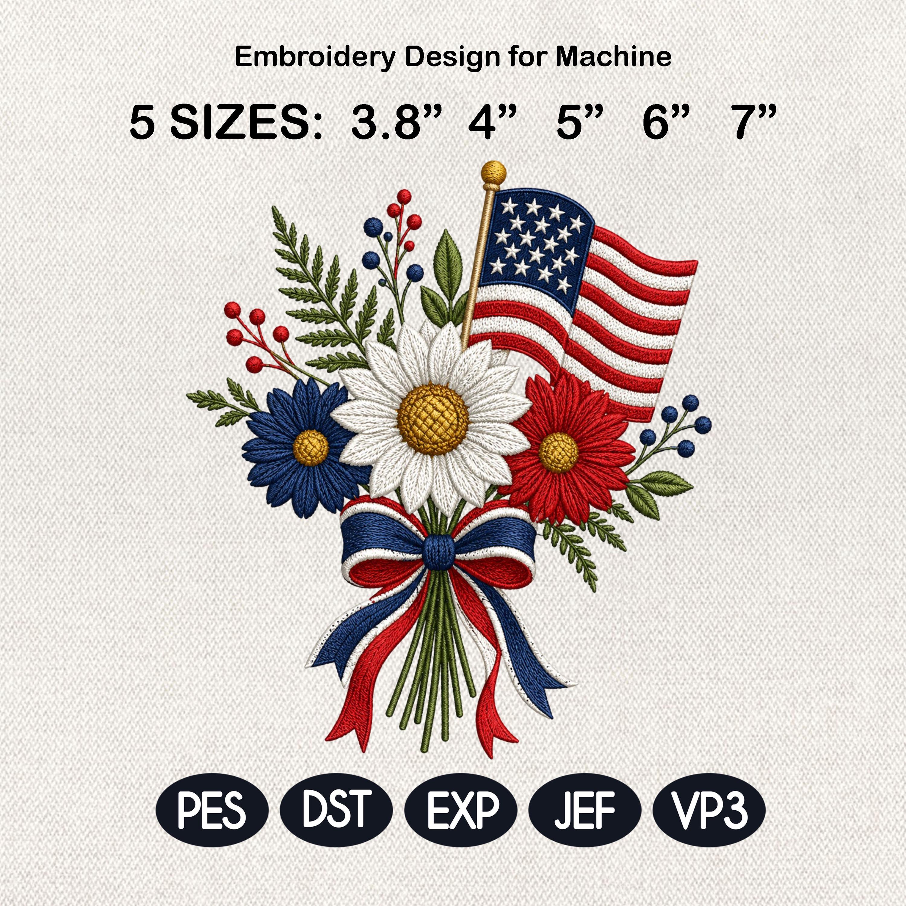 American Flag Floral Bouquet Embroidery Design, Patriotic Flower Bow Machine File, Summer Pattern, 5 sizes, Digital Download