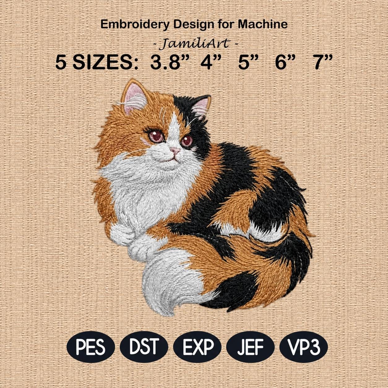 Calico Cat Embroidery Design, Realistic Long Hair Cat Machine Embroidery File, Pet Portrait Pattern, 5 sizes, Digital Download