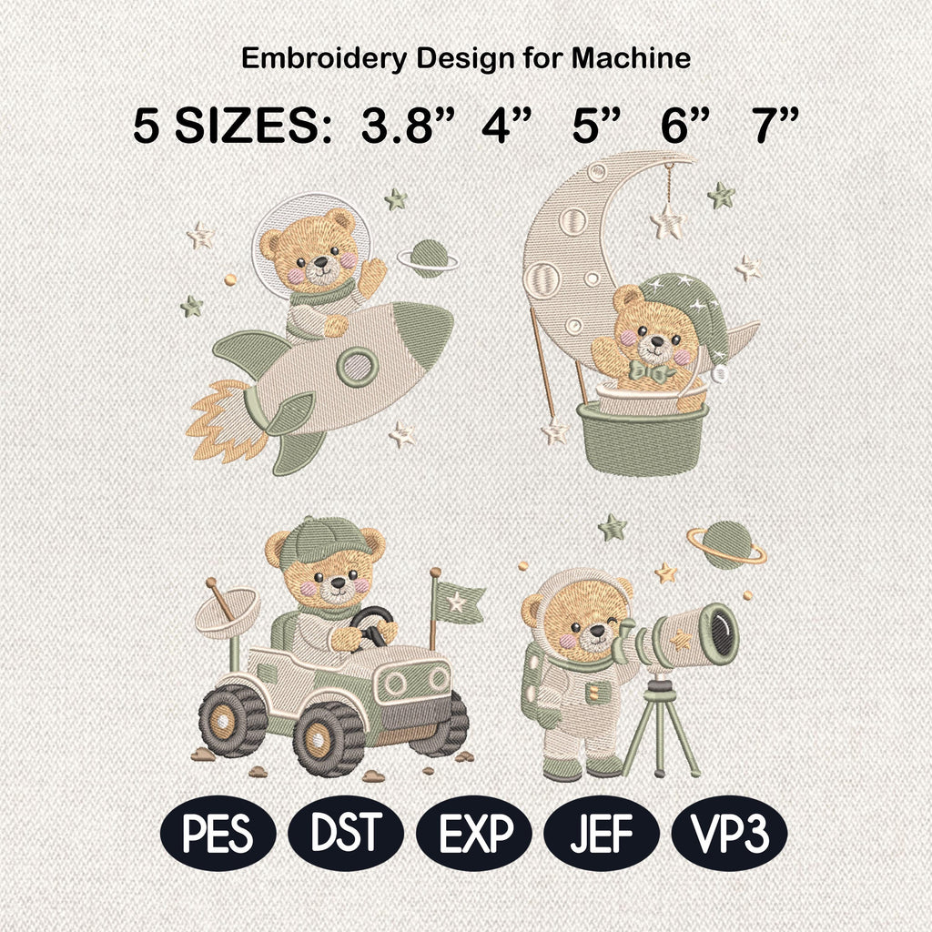 Teddy Bear Space Embroidery Bundle, Rocket Moon Astronaut Machine Embroidery File, Baby Nursery, 5 sizes, Digital Download