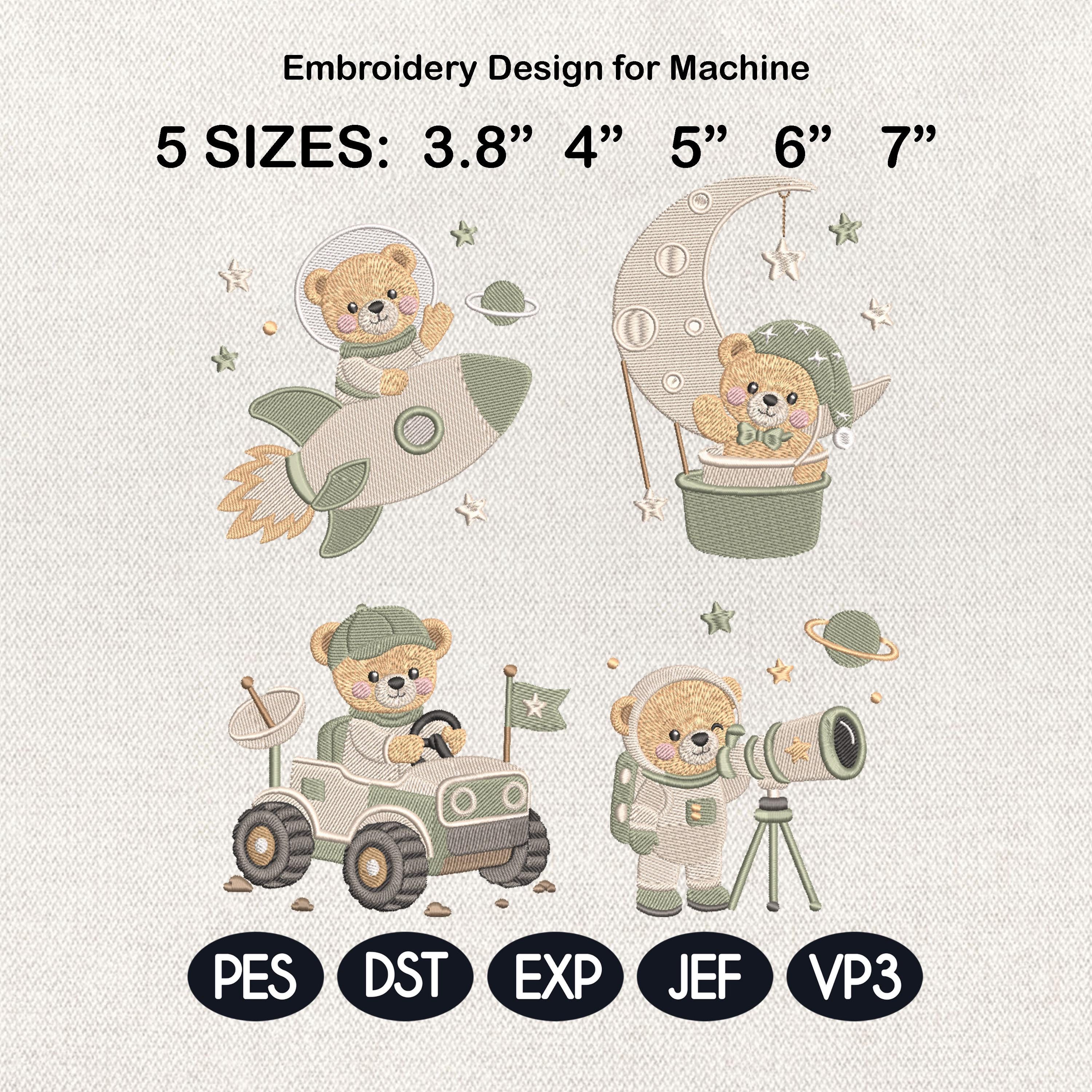 Teddy Bear Space Embroidery Bundle, Rocket Moon Astronaut Machine Embroidery File, Baby Nursery, 5 sizes, Digital Download