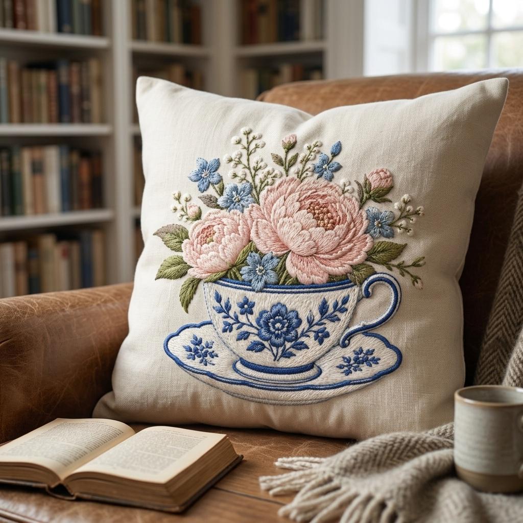 Pink Chinoiserie Teacup Embroidery Design, Floral Peony Tea Cup Machine Embroidery, Vintage Cottagecore File, 5 sizes, Digital Download - image 6
