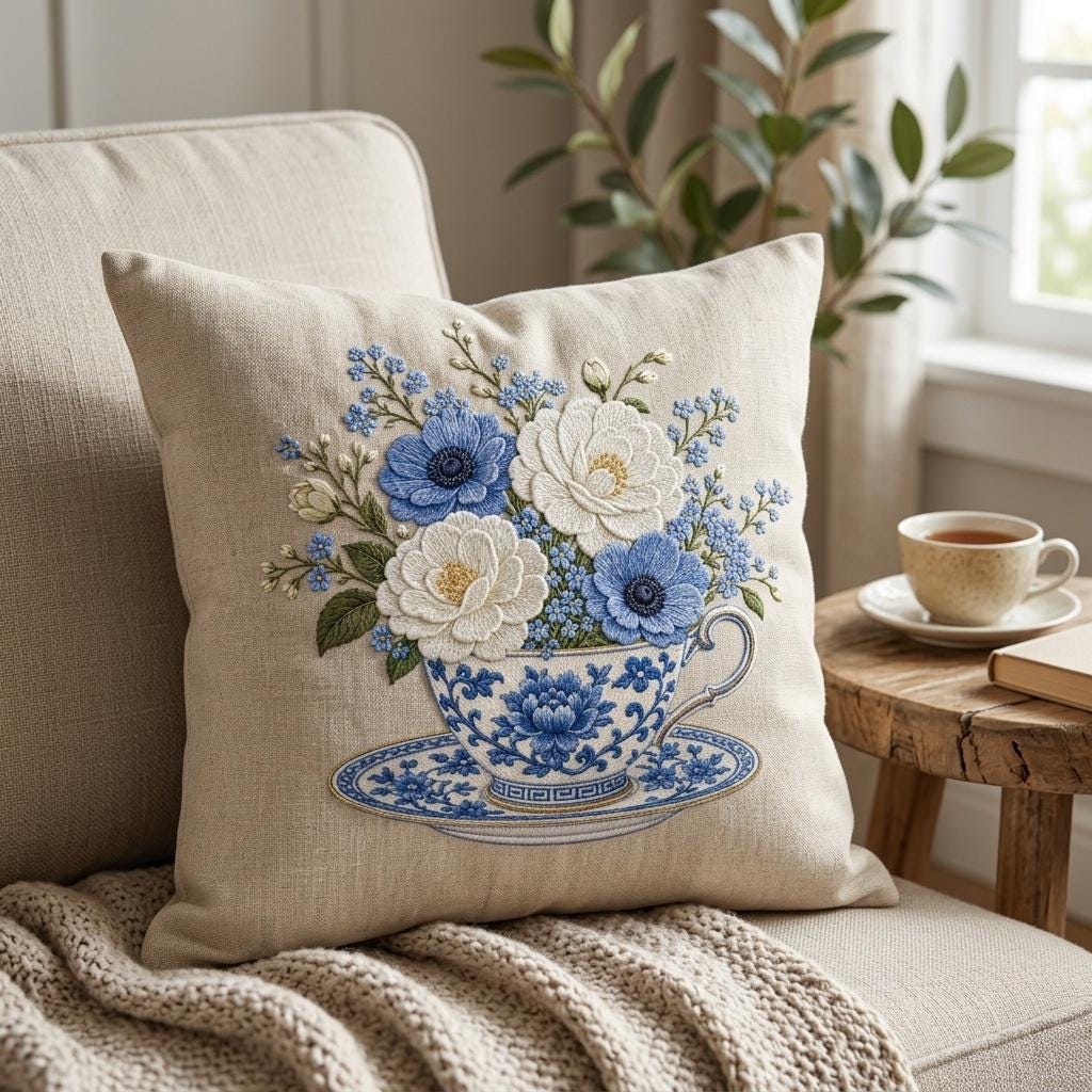 Blue Chinoiserie Teacup Embroidery Design, Hydrangea Flower Tea Cup Machine Embroidery, Vintage Botanical File, 5 sizes, Digital Download - image 4
