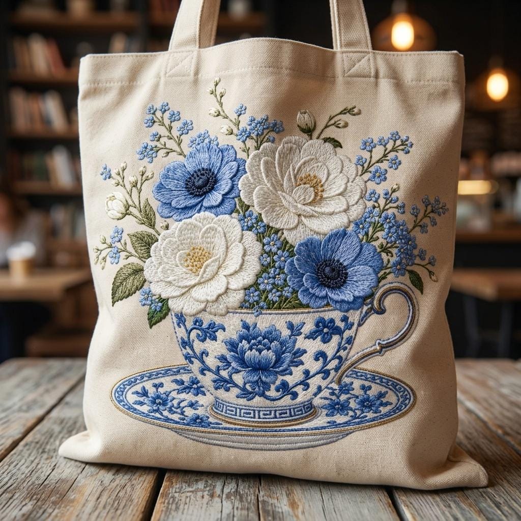 Blue Chinoiserie Teacup Embroidery Design, Hydrangea Flower Tea Cup Machine Embroidery, Vintage Botanical File, 5 sizes, Digital Download - image 5