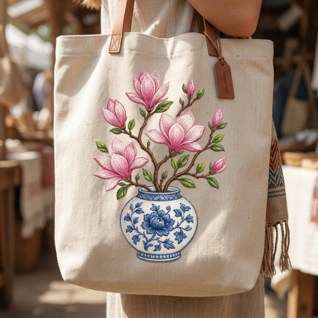 Pink Magnolia Chinoiserie Vase Embroidery Design, Blue White Floral Pottery Machine Embroidery File, 5 sizes, Digital Download - image 6