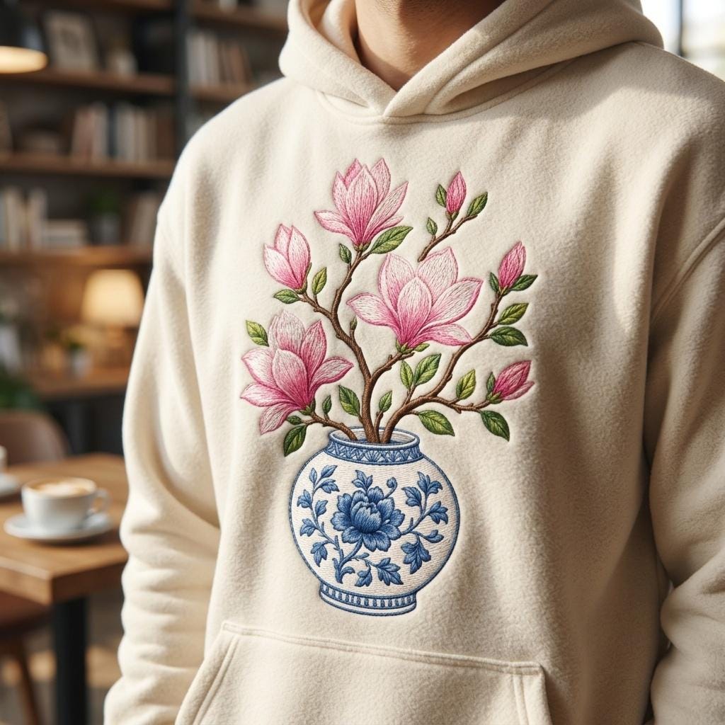 Pink Magnolia Chinoiserie Vase Embroidery Design, Blue White Floral Pottery Machine Embroidery File, 5 sizes, Digital Download - image 3