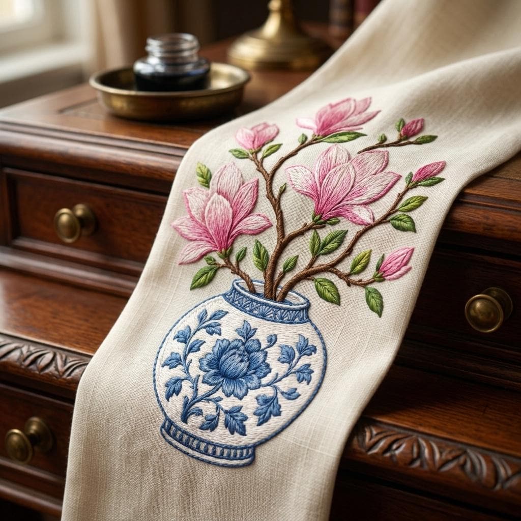 Pink Magnolia Chinoiserie Vase Embroidery Design, Blue White Floral Pottery Machine Embroidery File, 5 sizes, Digital Download - image 7