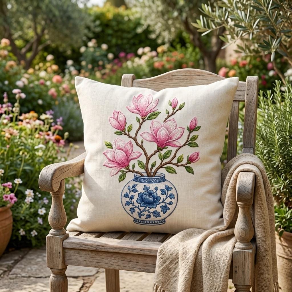 Pink Magnolia Chinoiserie Vase Embroidery Design, Blue White Floral Pottery Machine Embroidery File, 5 sizes, Digital Download - image 5