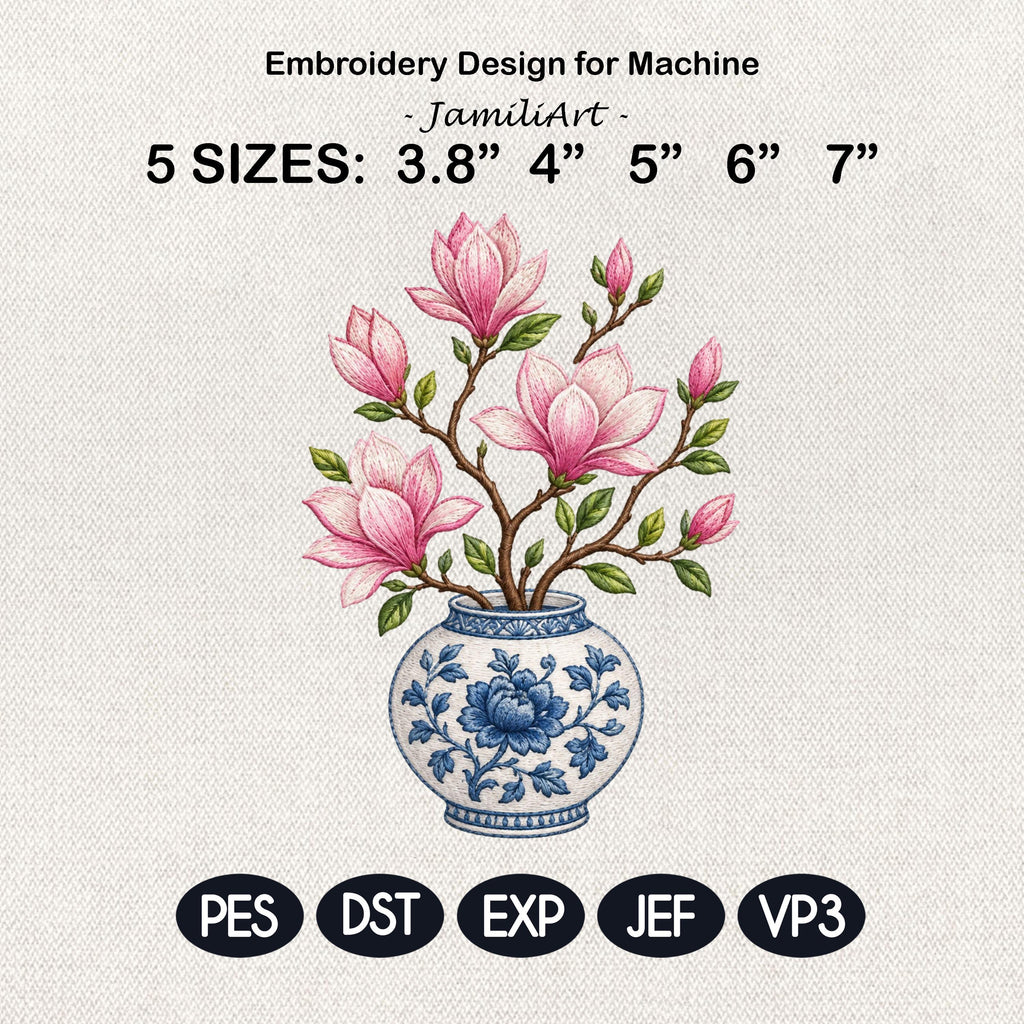Pink Magnolia Chinoiserie Vase Embroidery Design, Blue White Floral Pottery Machine Embroidery File, 5 sizes, Digital Download