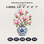 Pink Magnolia Chinoiserie Vase Embroidery Design, Blue White Floral Pottery Machine Embroidery File, 5 sizes, Digital Download